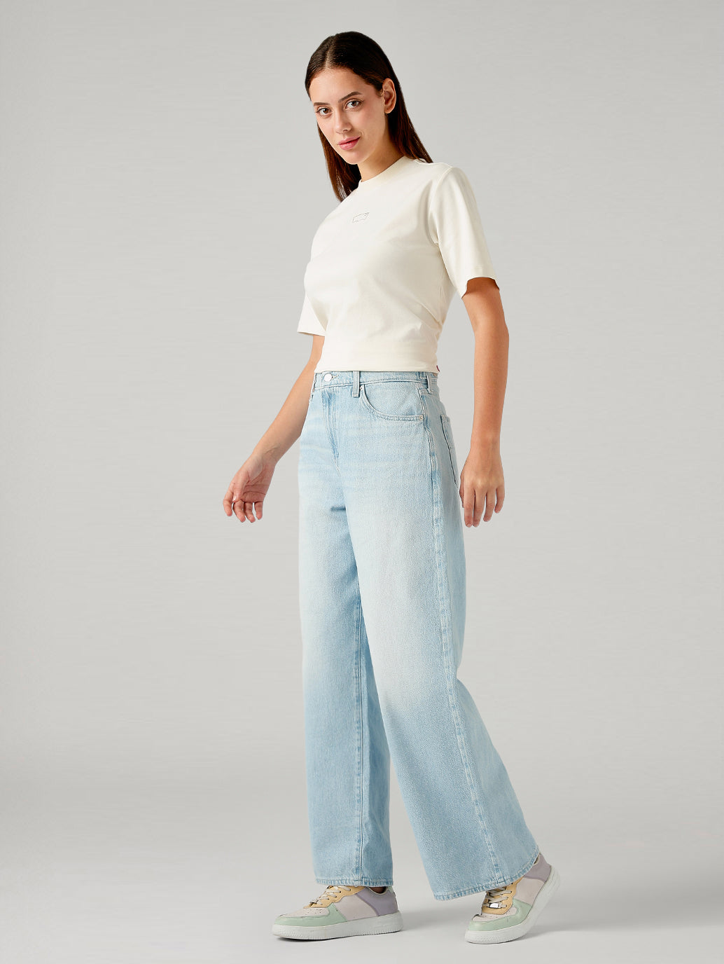 Women's Light Blue Ribcage Wide Leg Fit High Rise Cinch Jeans - Side View