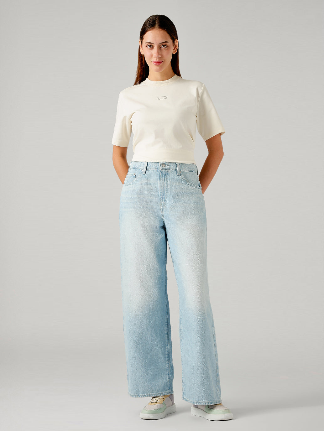 Women's Light Blue Ribcage Wide Leg Fit High Rise Cinch Jeans - Front View