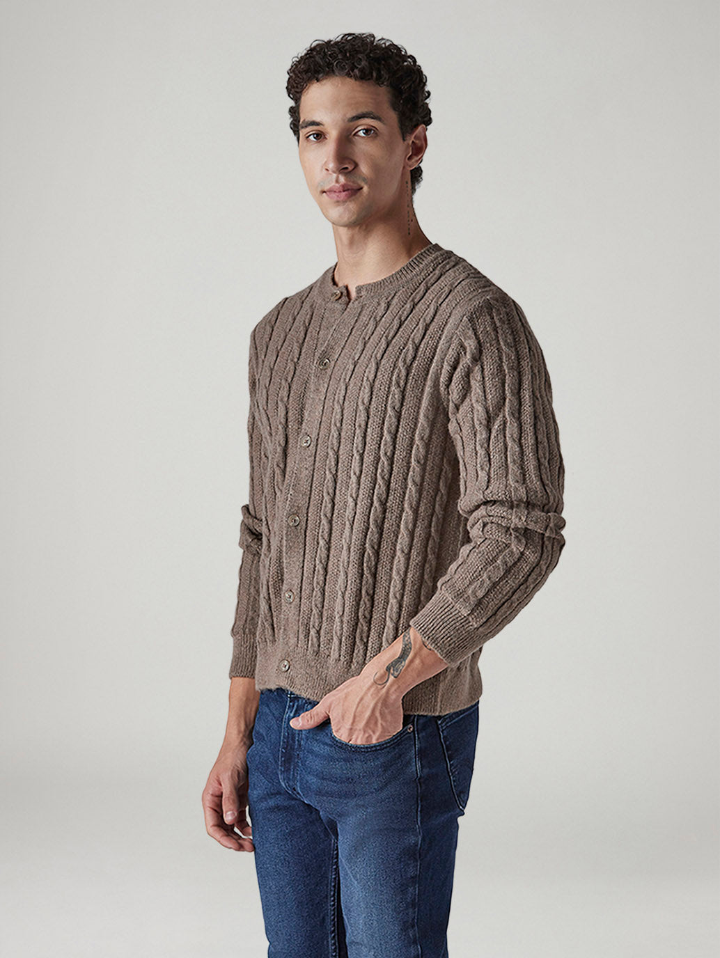 Men's Solid Regular Fit Cable Knit Sweater - Side View