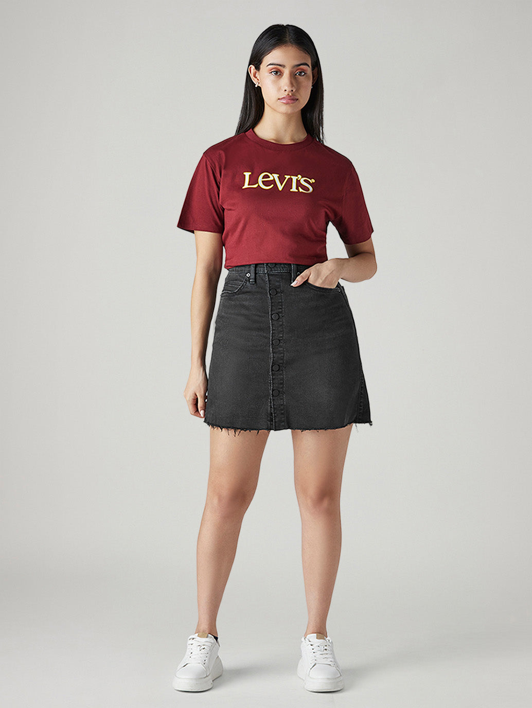 Women's Black Regular Fit Mid Rise Denim Skirt - Front View