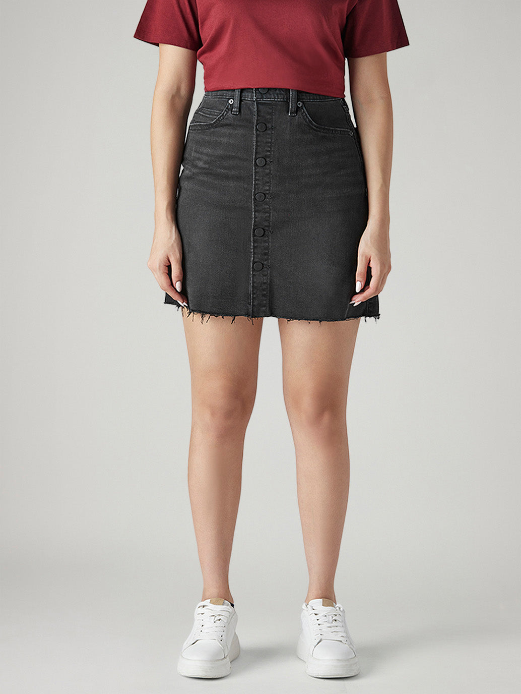Women's Black Regular Fit Mid Rise Denim Skirt - Front View