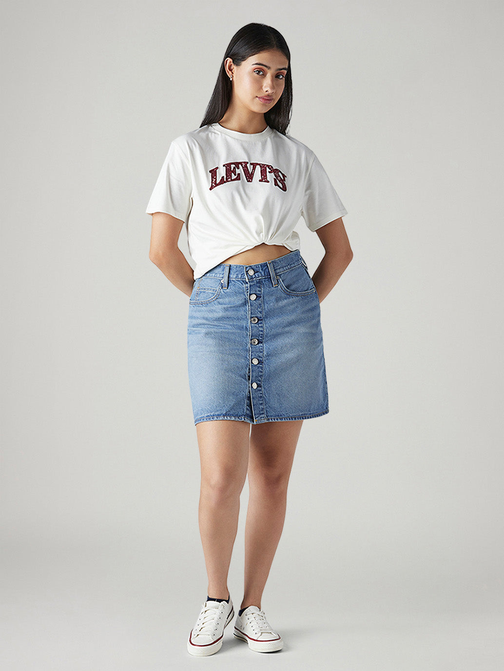 Women's Blue Regular Fit Mid Rise Denim Skirt - Front View