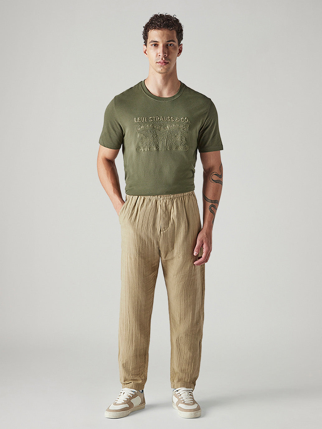 Men's Khaki Tapered Fit Mid Rise Pull On Chinos - Front View