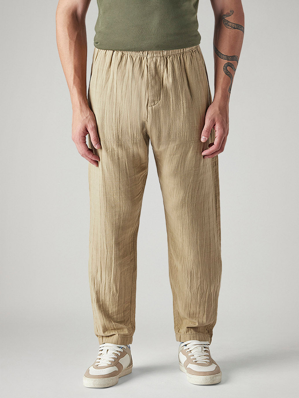 Men's Khaki Tapered Fit Mid Rise Pull On Chinos - Front View
