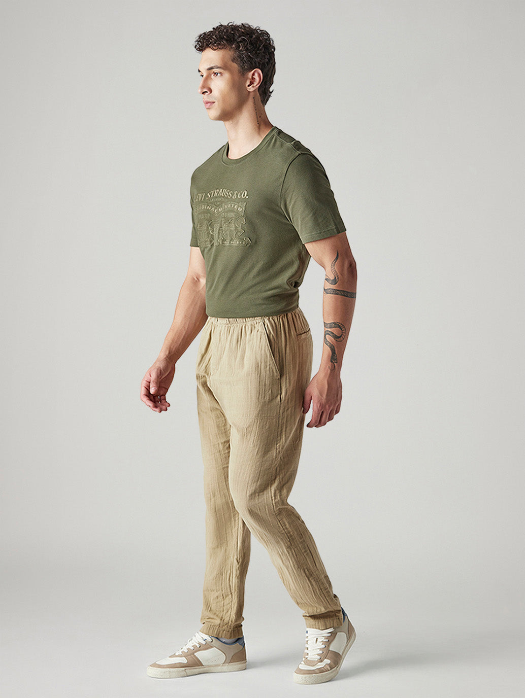 Men's Khaki Tapered Fit Mid Rise Pull On Chinos - Side View