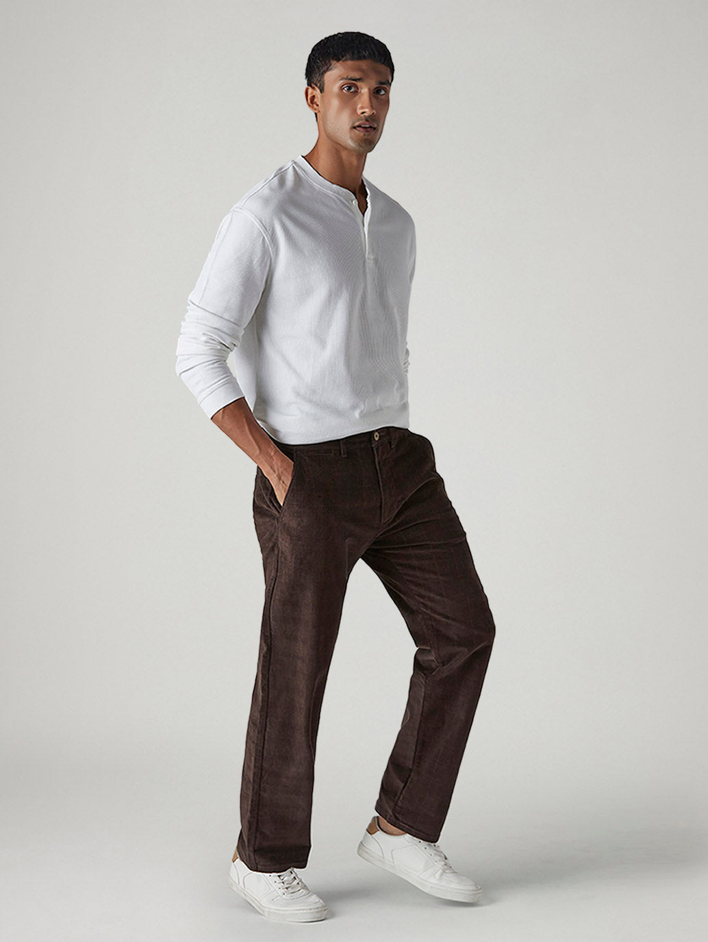 Men's 555 Brown Relaxed Straight Fit Mid Rise Corduroy Chinos - Side View