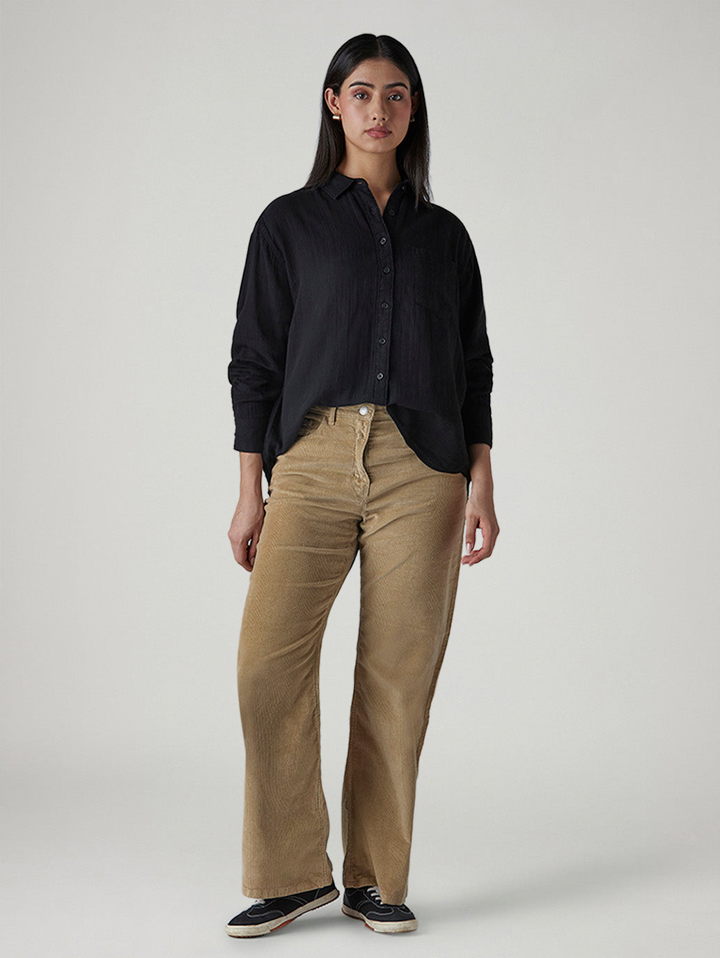 Women's Light Brown Loose Bootcut Fit Mid Rise Corduroy Trousers - Front View