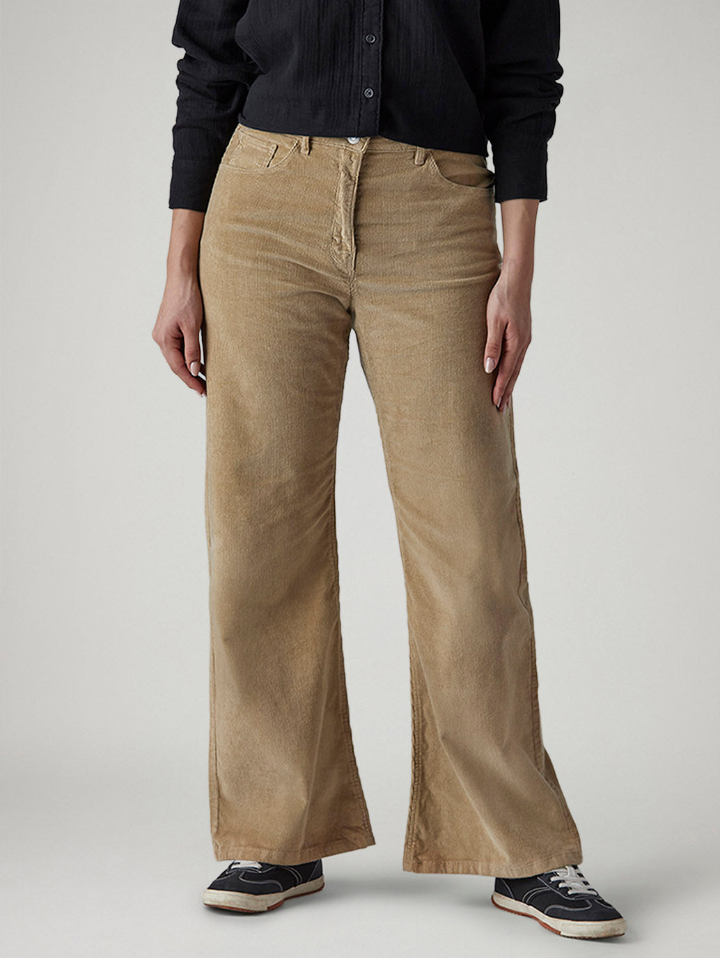 Women's Light Brown Loose Bootcut Fit Mid Rise Corduroy Trousers - Front View