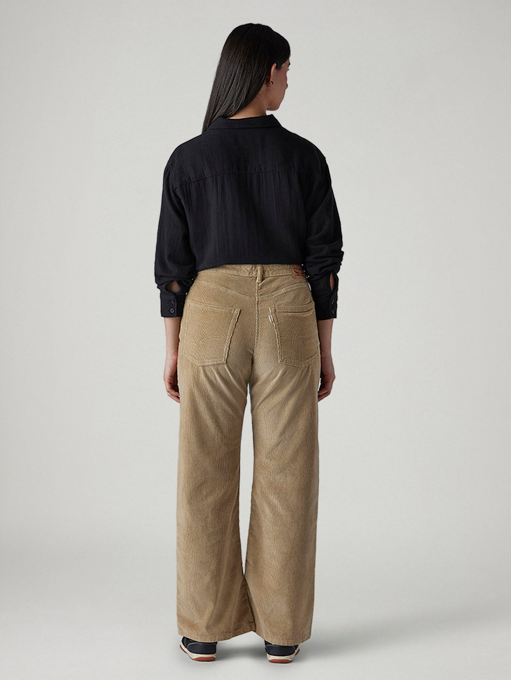 Women's Light Brown Loose Bootcut Fit Mid Rise Corduroy Trousers - Back View
