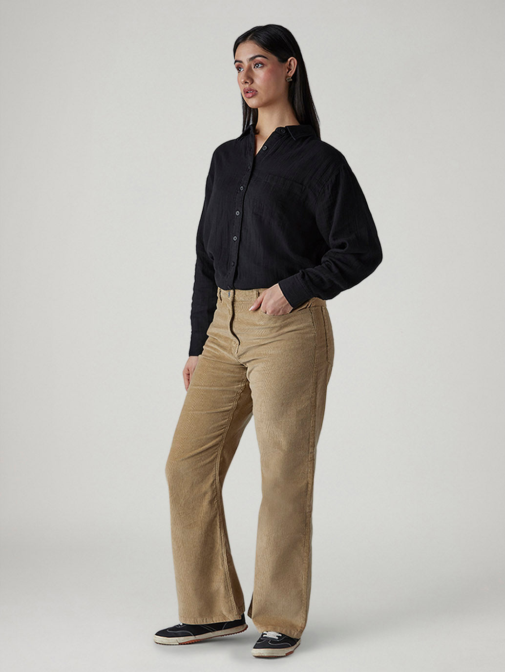 Women's Light Brown Loose Bootcut Fit Mid Rise Corduroy Trousers - Side View