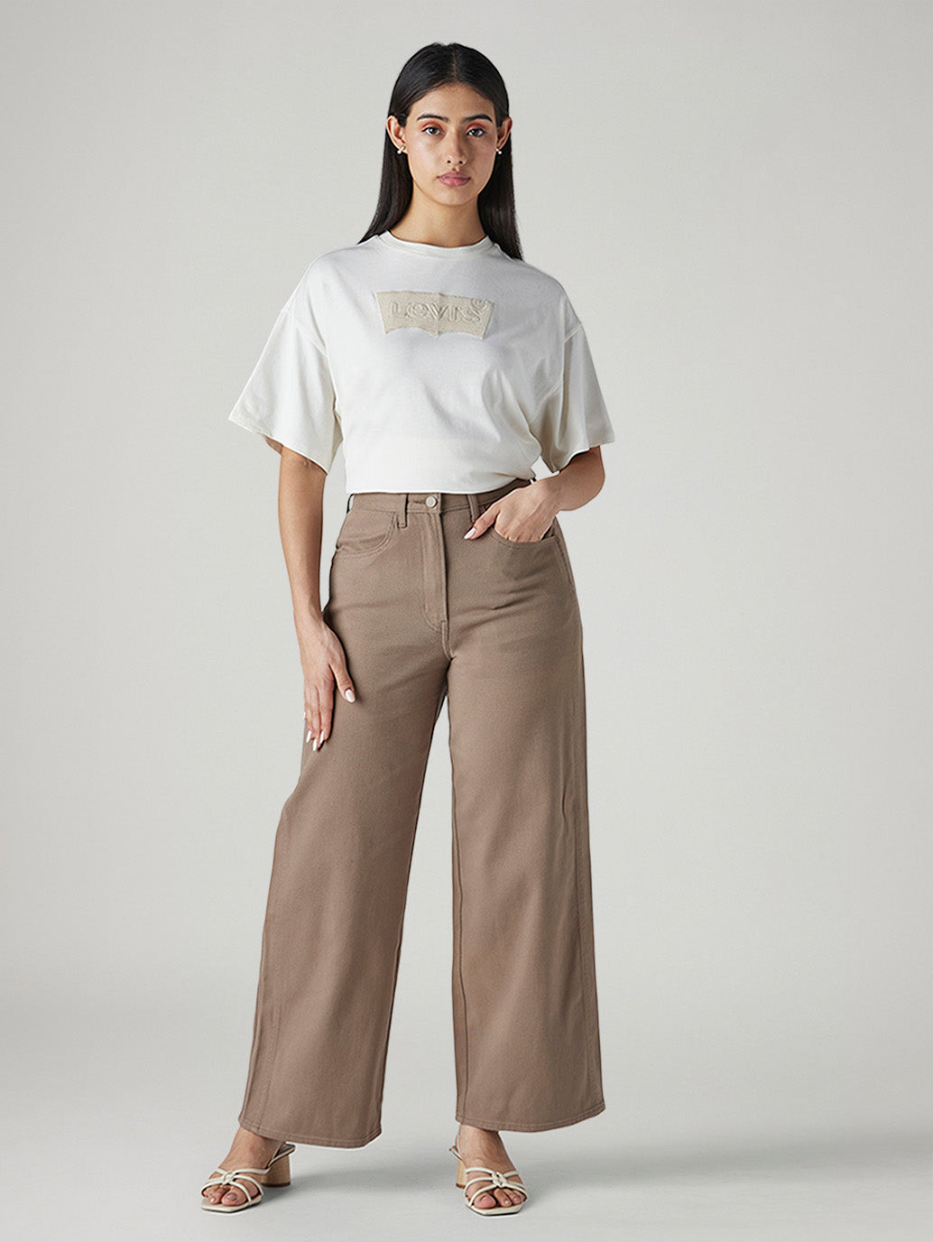 Women's Khaki Wide Leg Fit High Rise Cinched Trousers