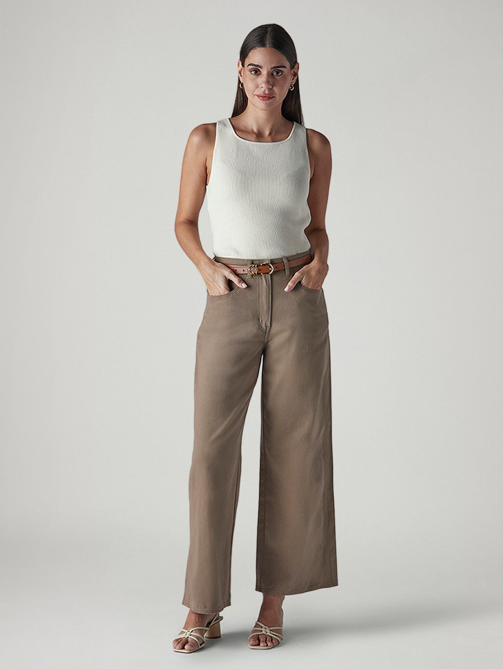 Women's Khaki Wide Leg Fit High Rise Cinched Trousers