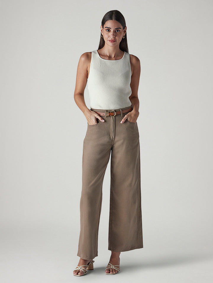 Women's Khaki Wide Leg Fit High Rise Cinched Trousers