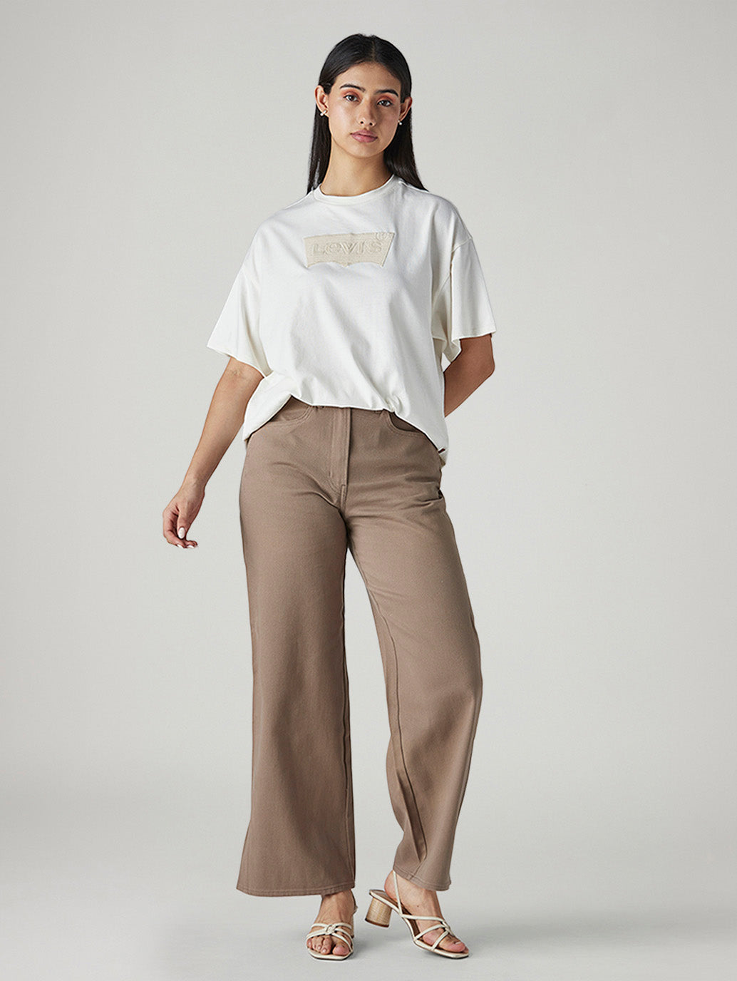 Women's Khaki Wide Leg Fit High Rise Cinched Trousers - Front View