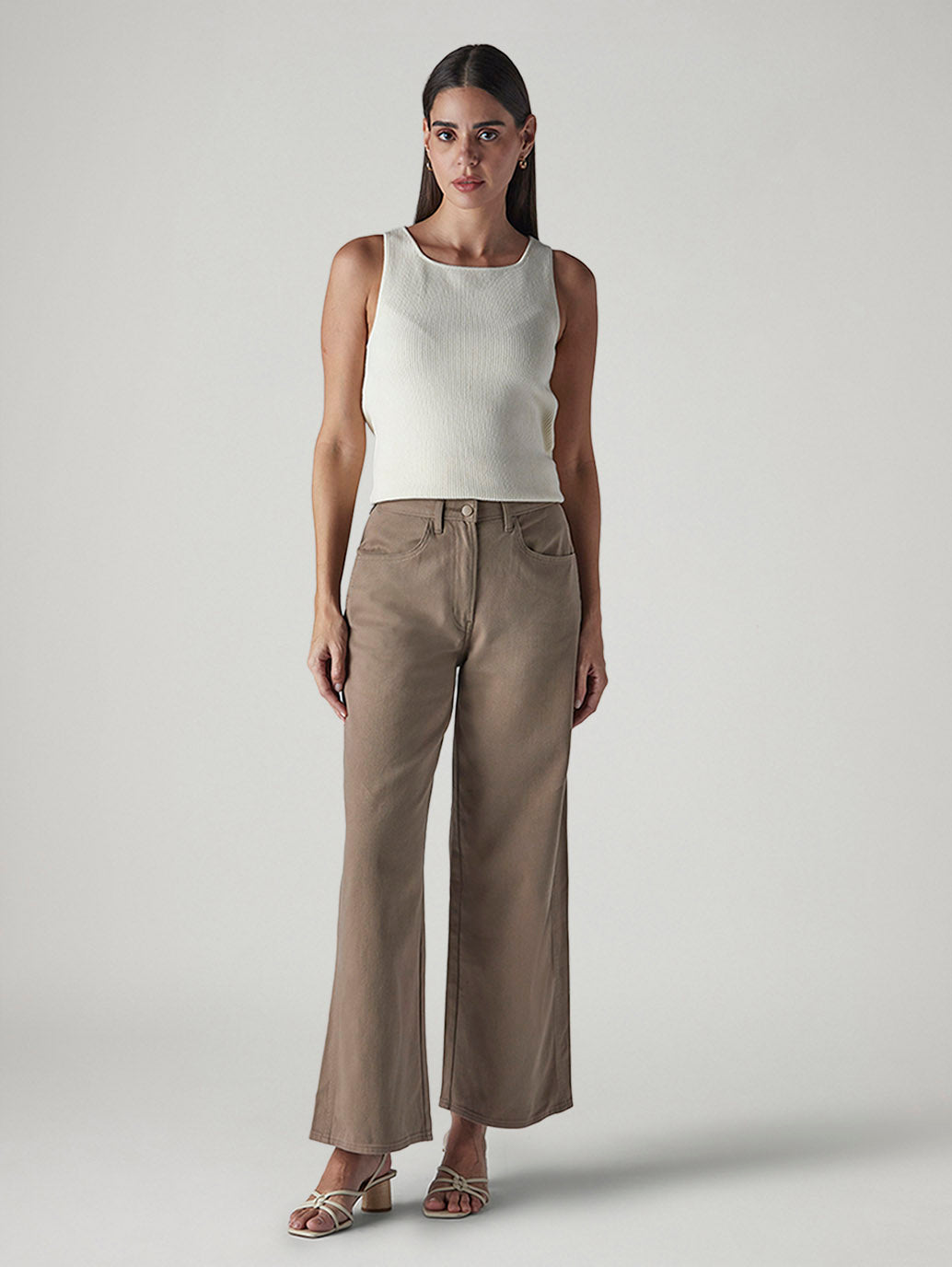 Women's Khaki Wide Leg Fit High Rise Cinched Trousers - ce3a40d9-2d68-4743-8cfb-d19fea7c1725 View