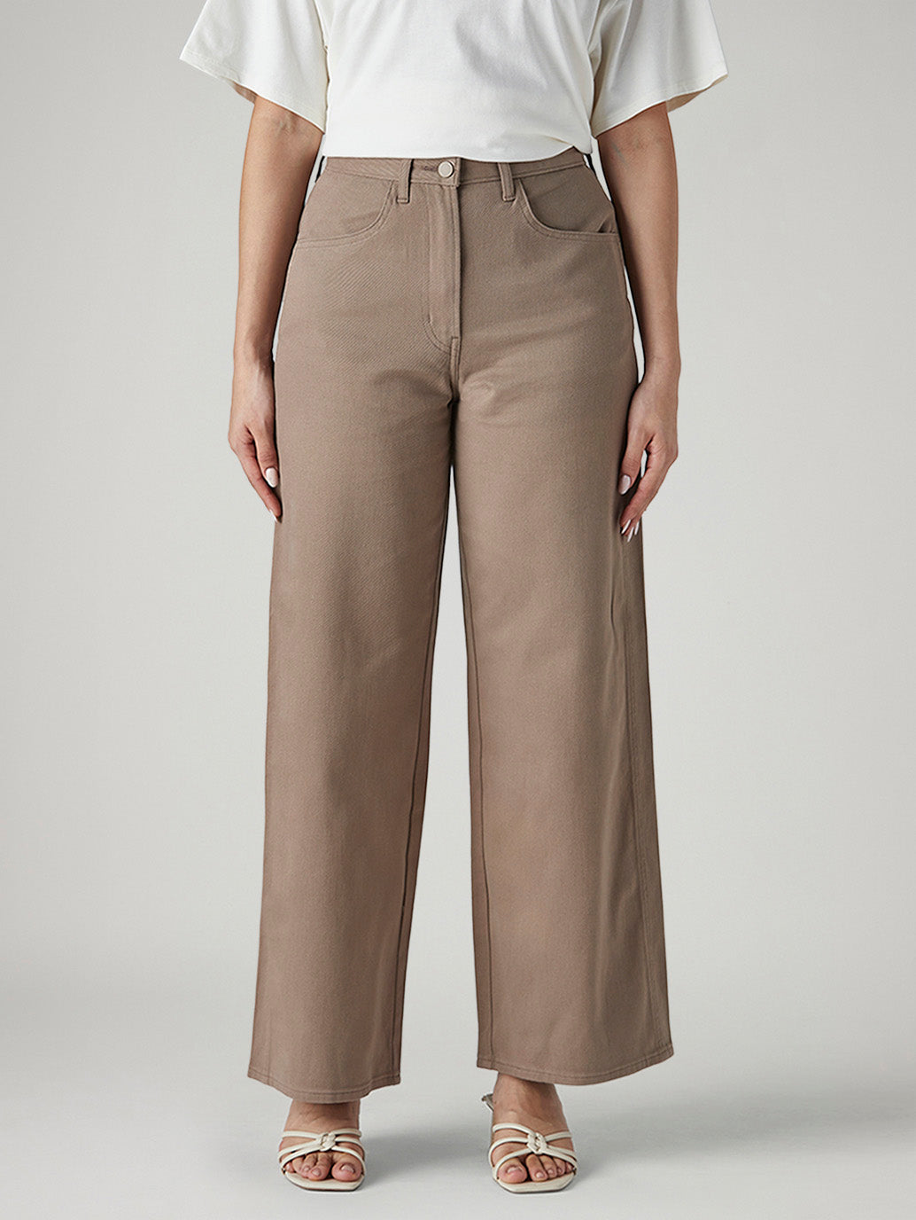 Women's Khaki Wide Leg Fit High Rise Cinched Trousers - Front View