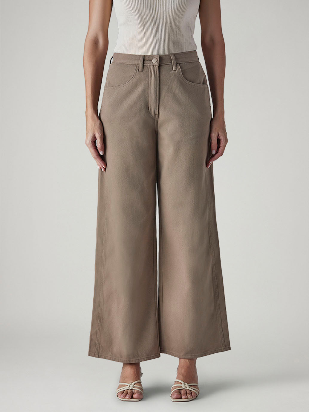 Women's Khaki Wide Leg Fit High Rise Cinched Trousers - 894a2aad-8dba-48a4-bd0f-a0cc7fd8d8c7 View