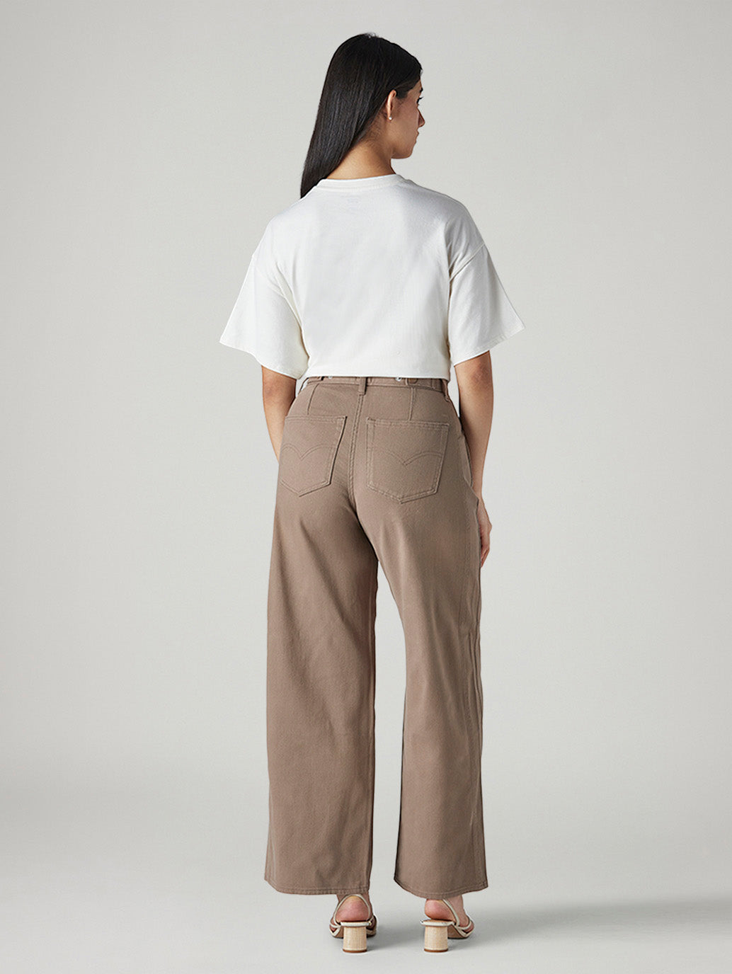 Women's Khaki Wide Leg Fit High Rise Cinched Trousers - Back View