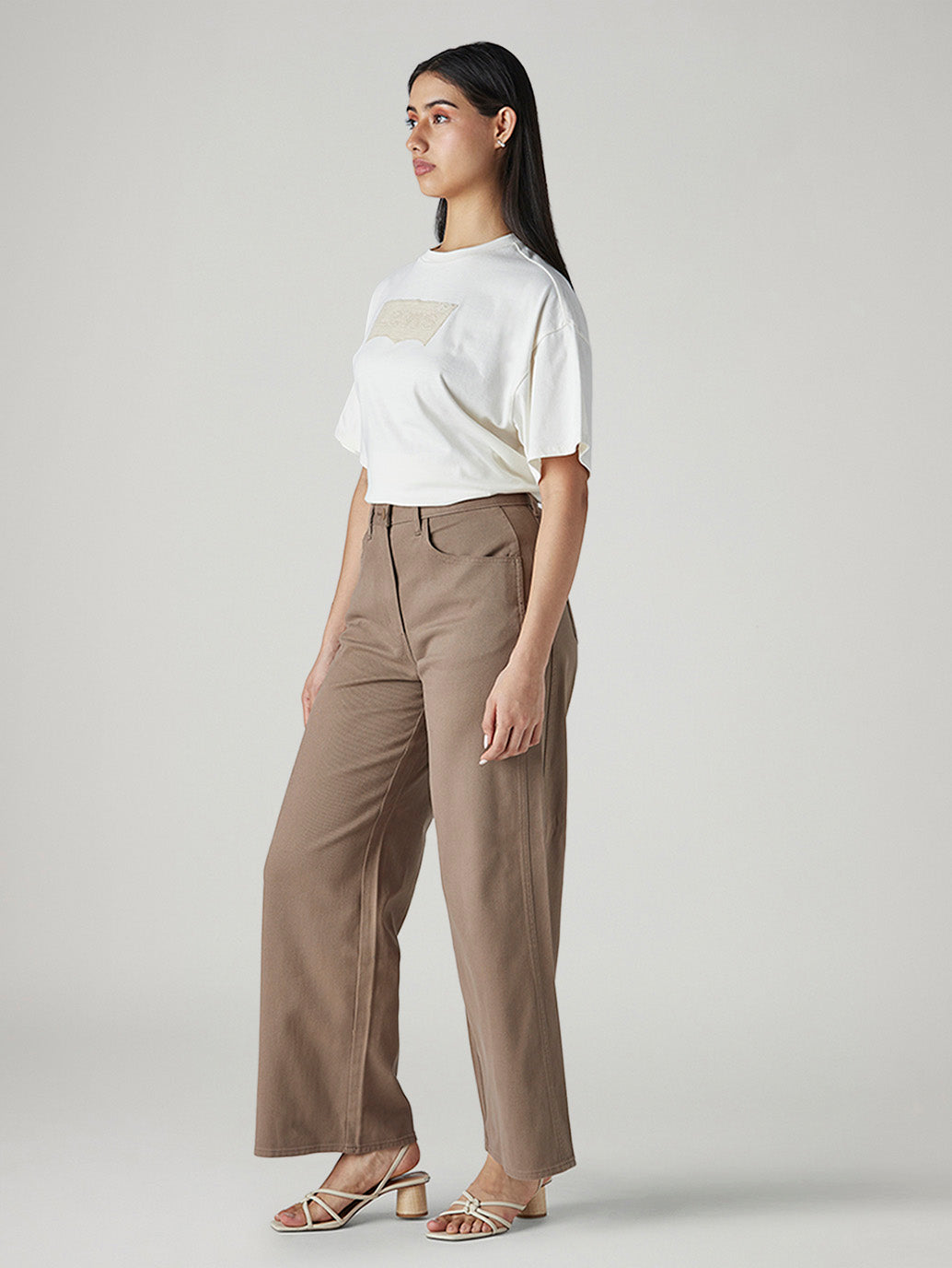 Women's Khaki Wide Leg Fit High Rise Cinched Trousers - Side View