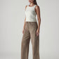 Women's Khaki Wide Leg Fit High Rise Cinched Trousers - Side View