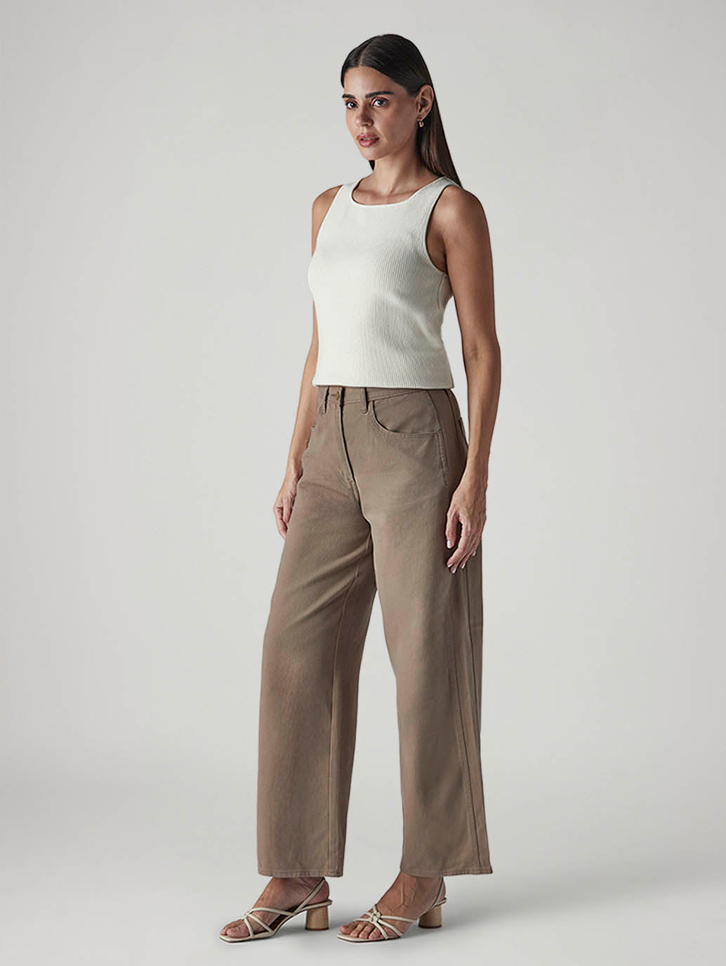 Women's Khaki Wide Leg Fit High Rise Cinched Trousers - Side View
