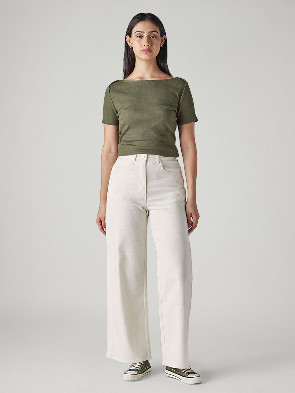 Women's Off White Wide Leg Fit High Rise Cinch Cargos - Front View