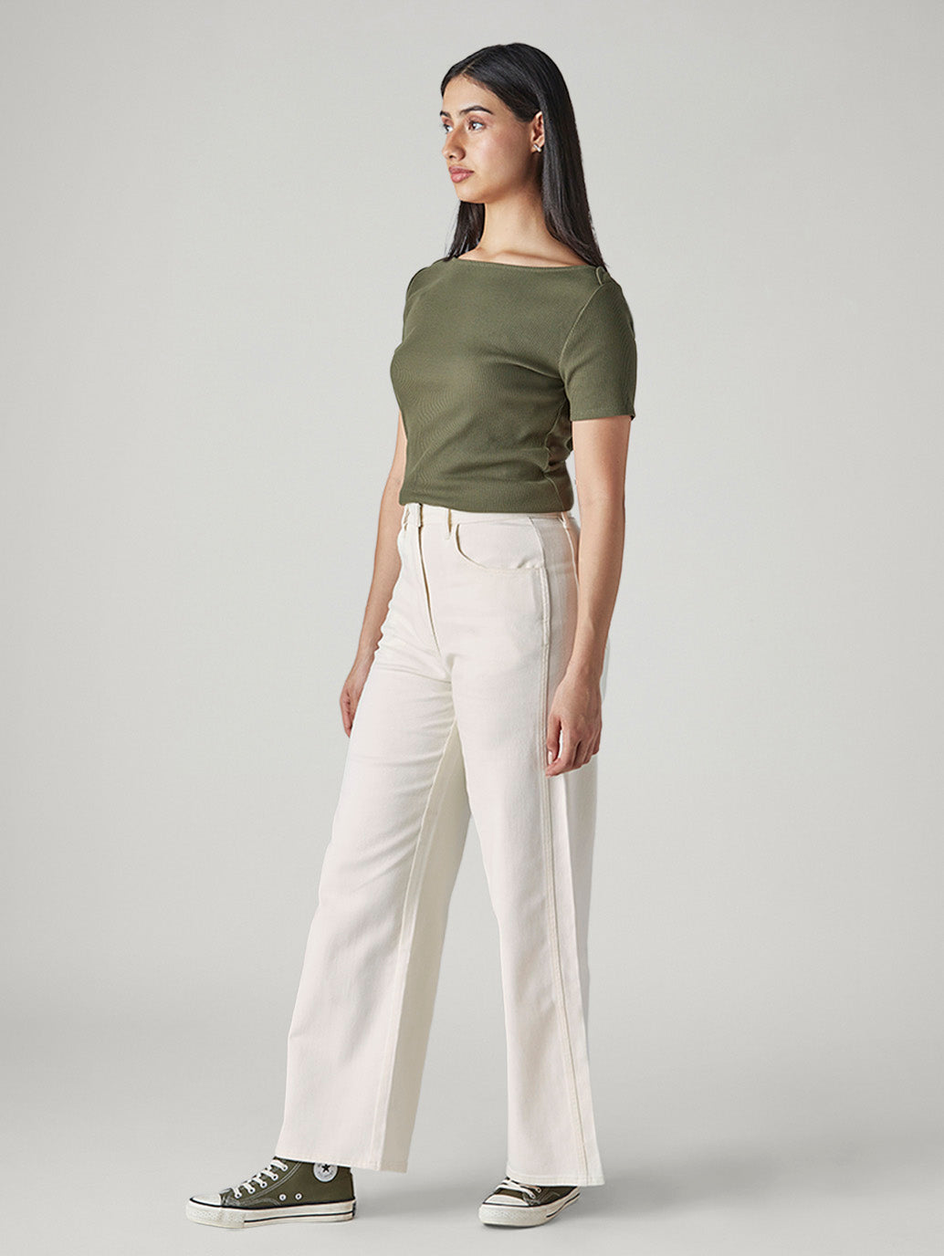Women's Off White Wide Leg Fit High Rise Cinch Cargos - Side View