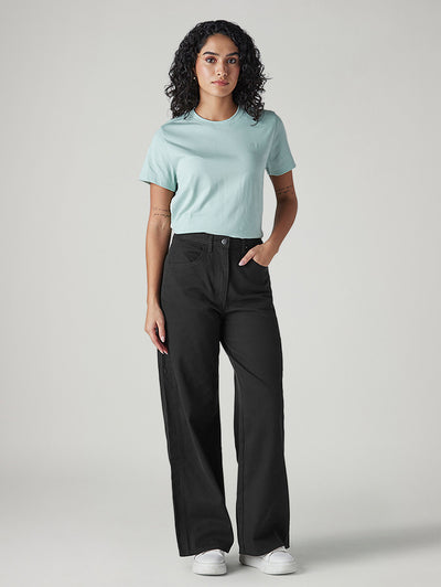 Women's Black Wide Leg Fit High Rise Cinched Trousers-image-5