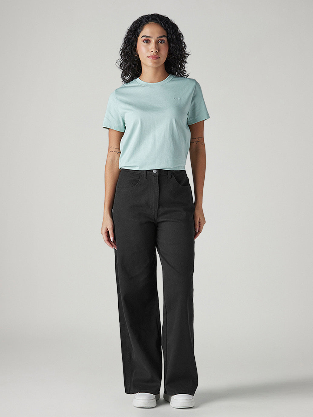 Women's Black Wide Leg Fit High Rise Cinched Trousers - Front View