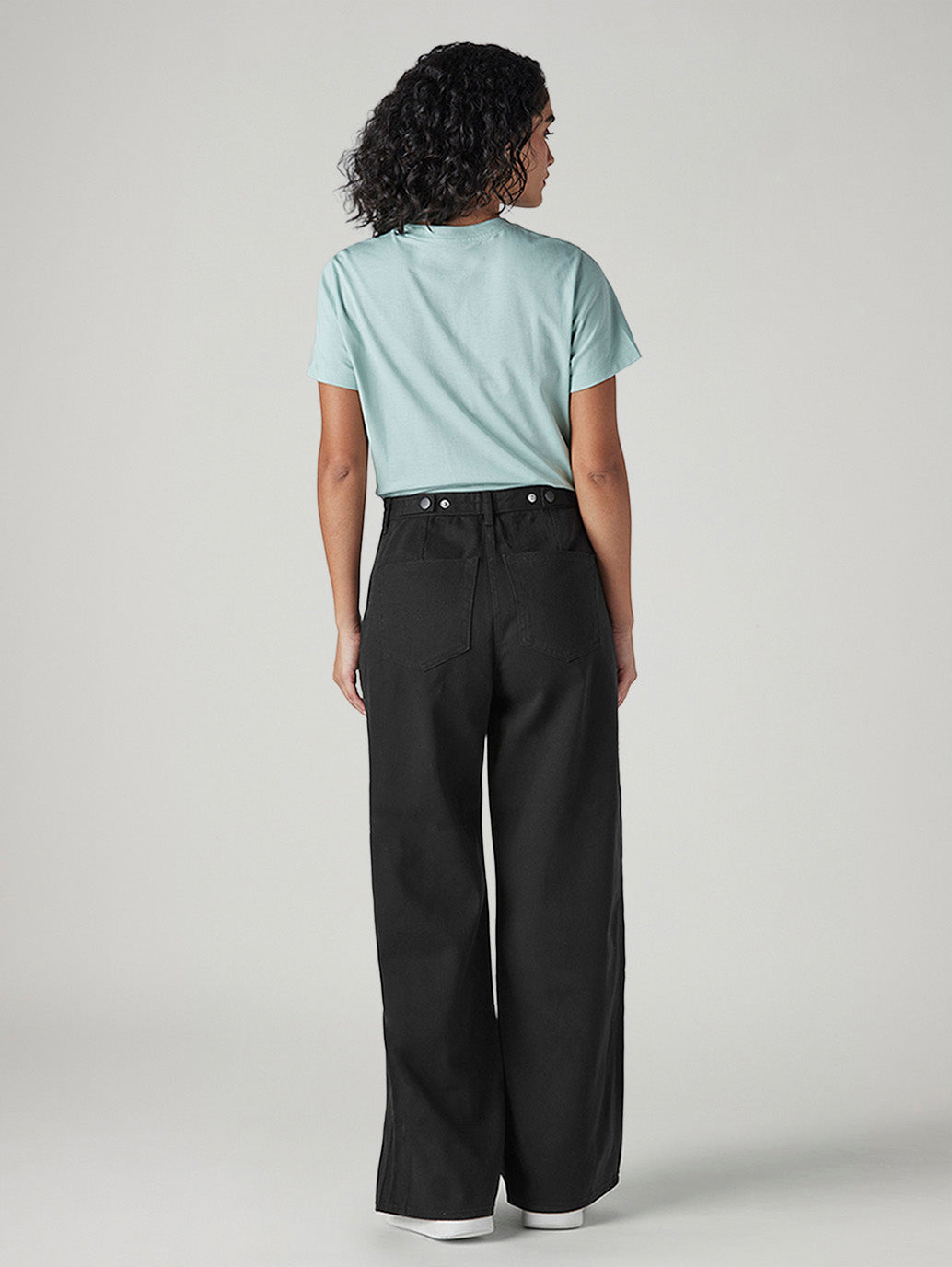 Women's Black Wide Leg Fit High Rise Cinched Trousers - Back View