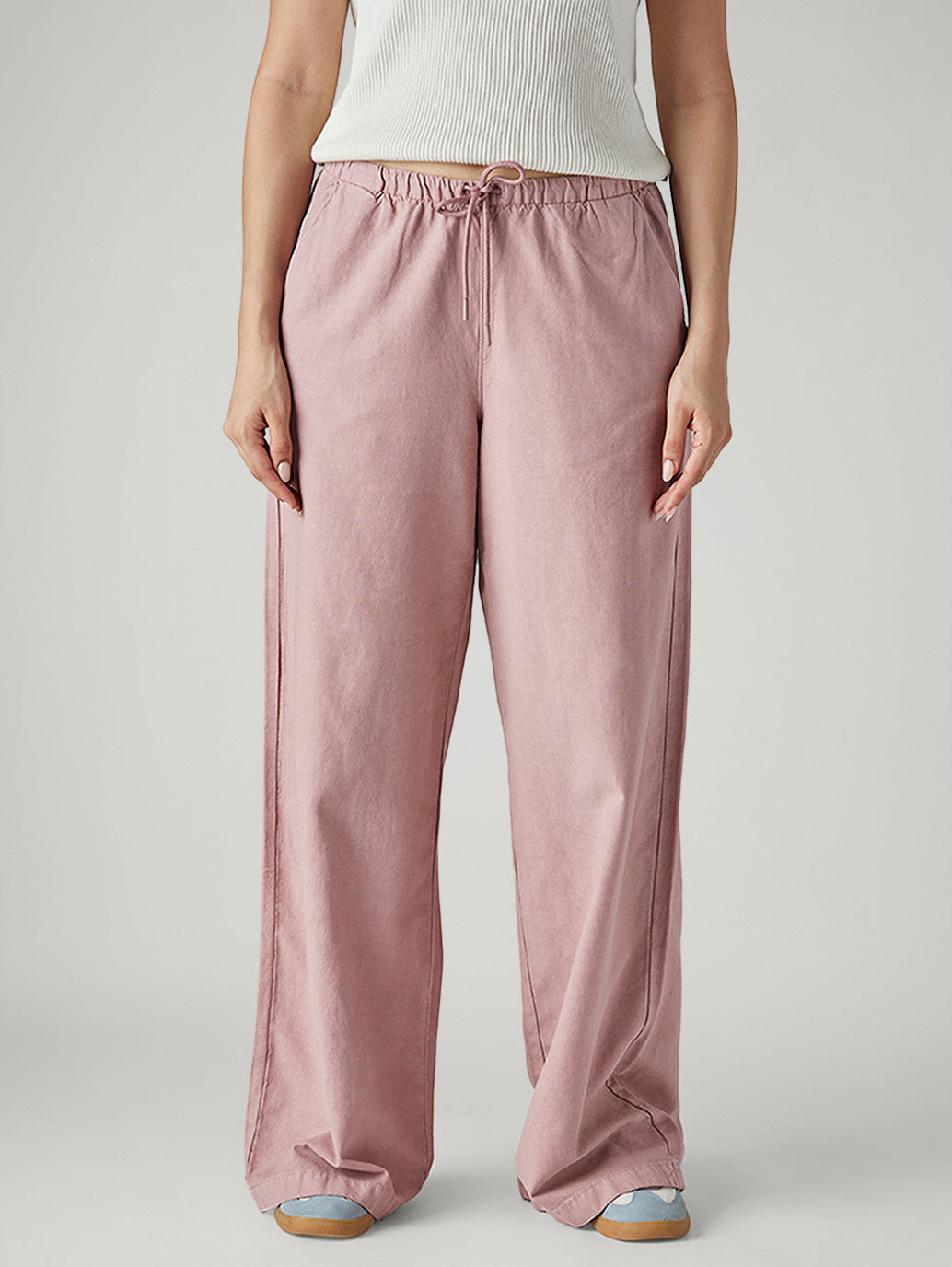 Women's Pink XL Straight Loose Fit Mid Rise Trousers - Front View