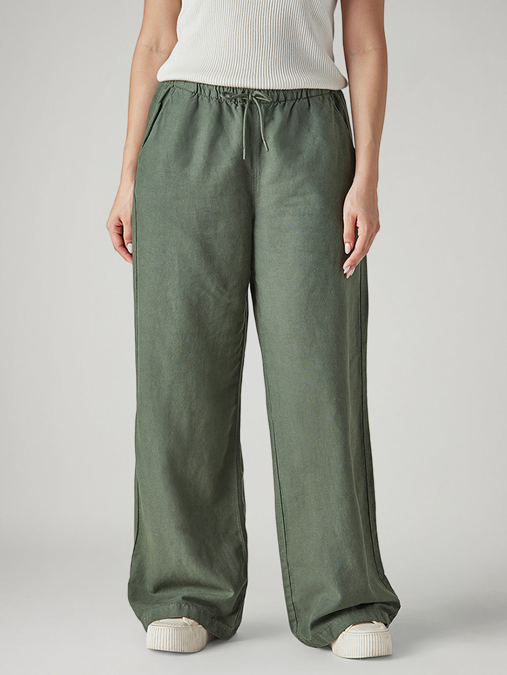 Women's Olive XL Straight Loose Fit Mid Rise Trousers - Front View