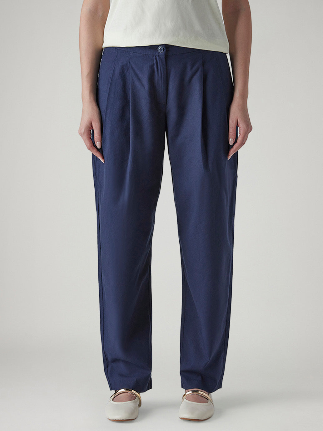 Women's Dark Blue Baggy Dad Barrel Fit Mid Rise linen Cargos - Front View