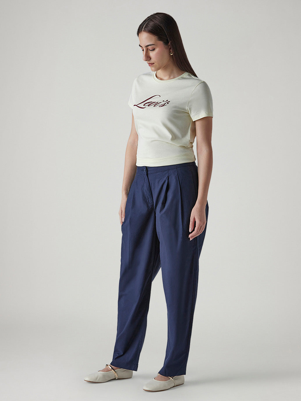 Women's Dark Blue Baggy Dad Barrel Fit Mid Rise linen Cargos - Side View