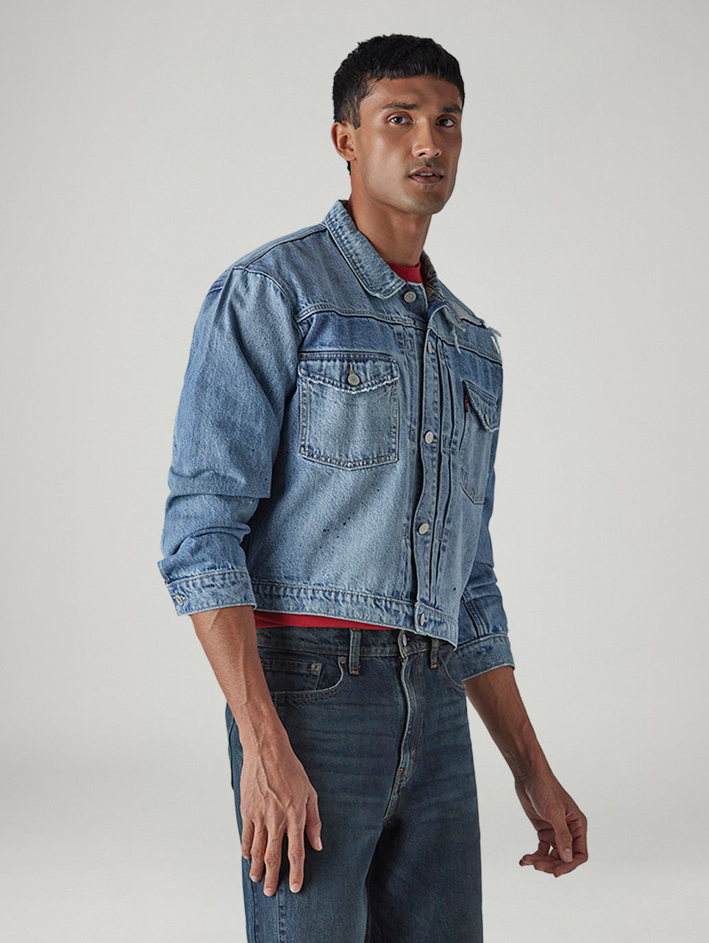 Men's Solid Regular Fit Denim Trucker Jacket - Side View