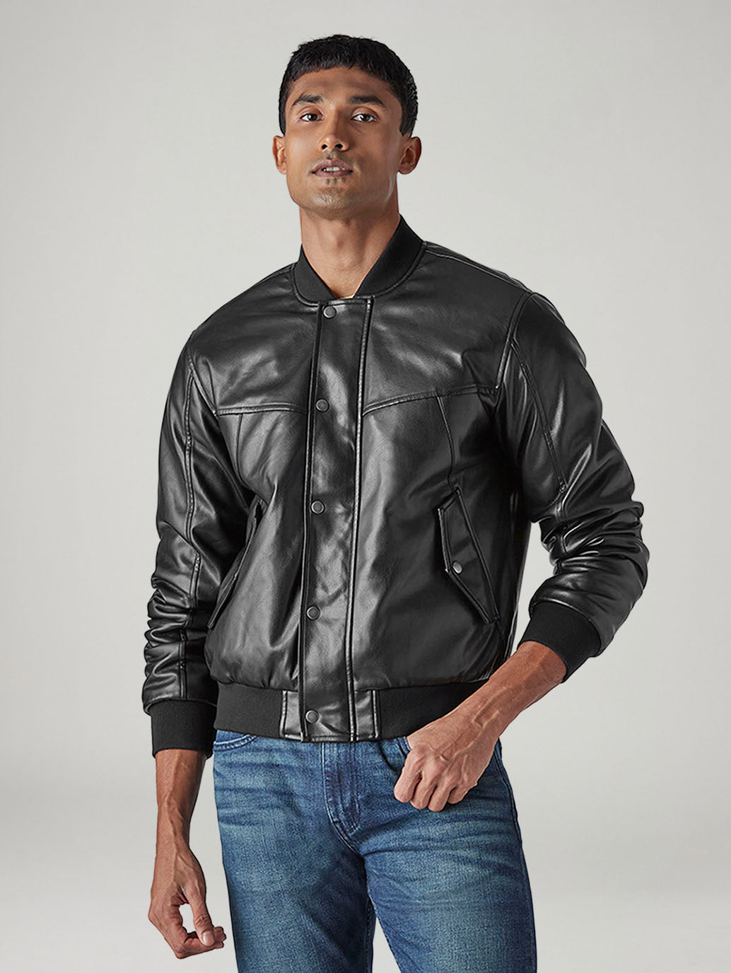 Men's Solid Regular Fit Bomber Jacket - Front View