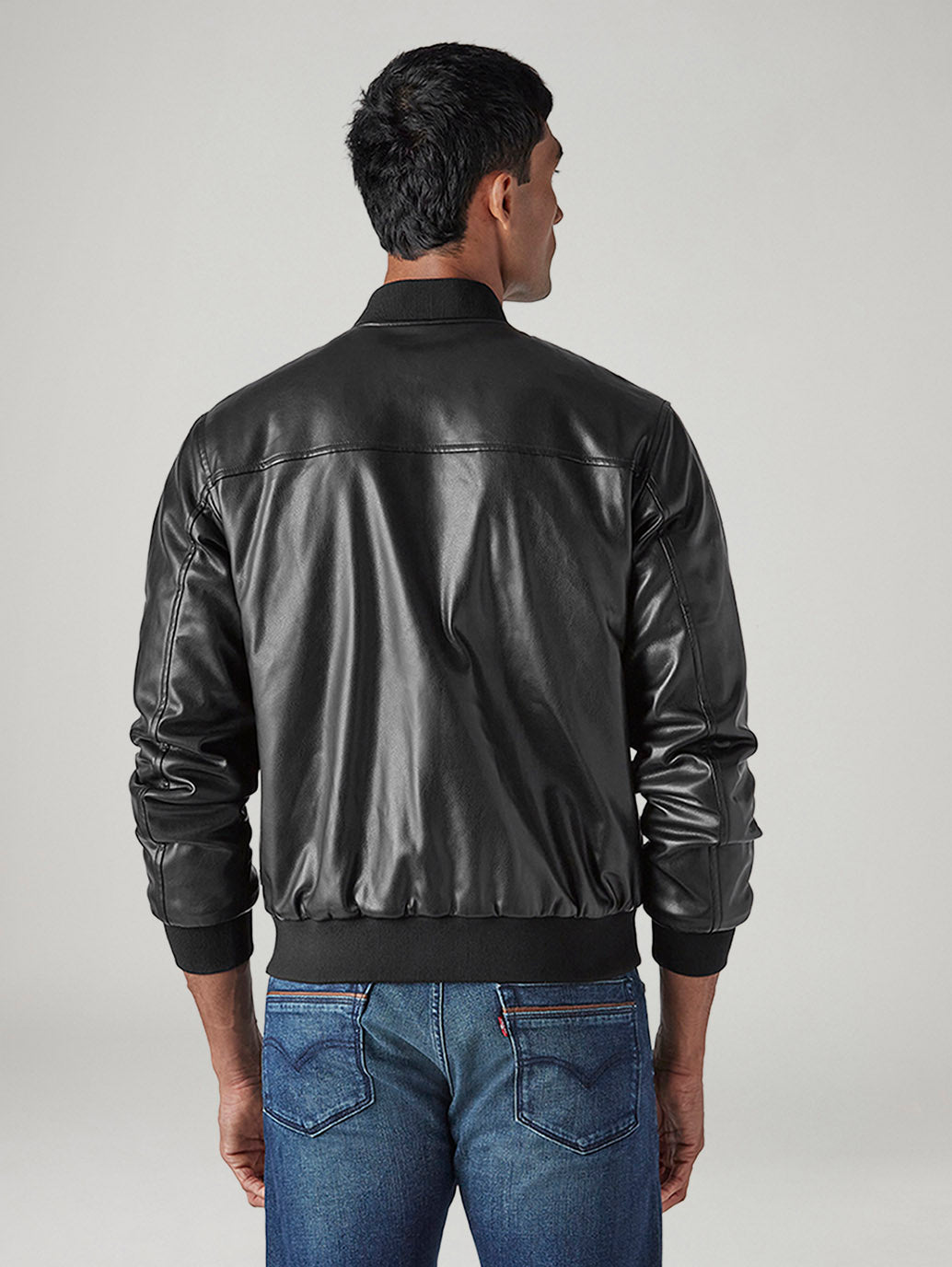 Men's Solid Regular Fit Bomber Jacket - Back View