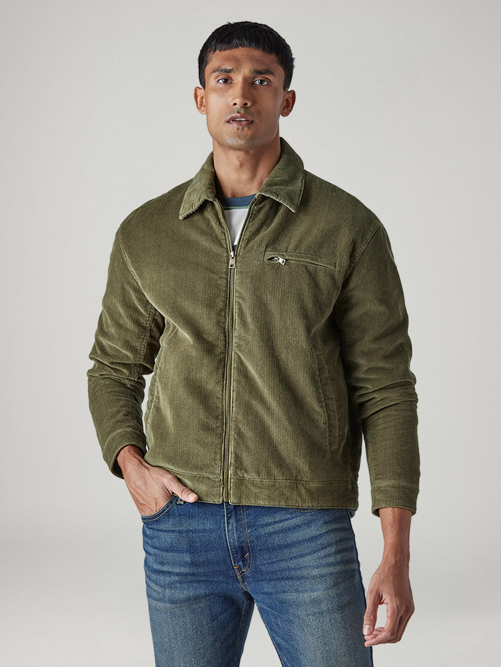 Men's Solid Regular Fit Corduroy Jacket - Front View