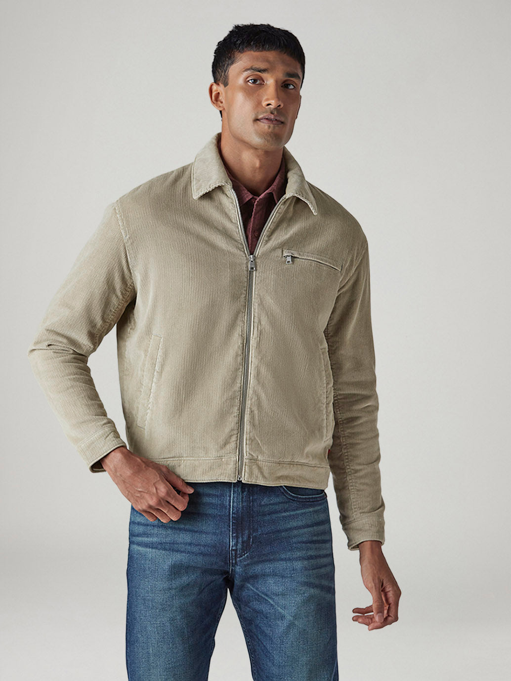 Men's Solid Regular Washed Corduroy Jacket - Front View