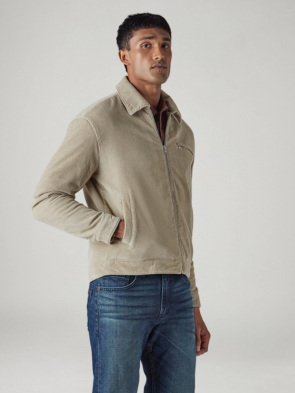 Men's Solid Regular Washed Corduroy Jacket - Side View