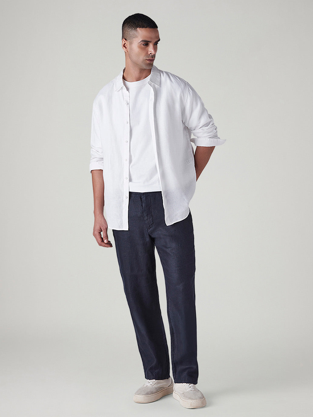 Men's Navy Authentic Relaxed Fit Mid Rise Linen Chinos - Styleshot View