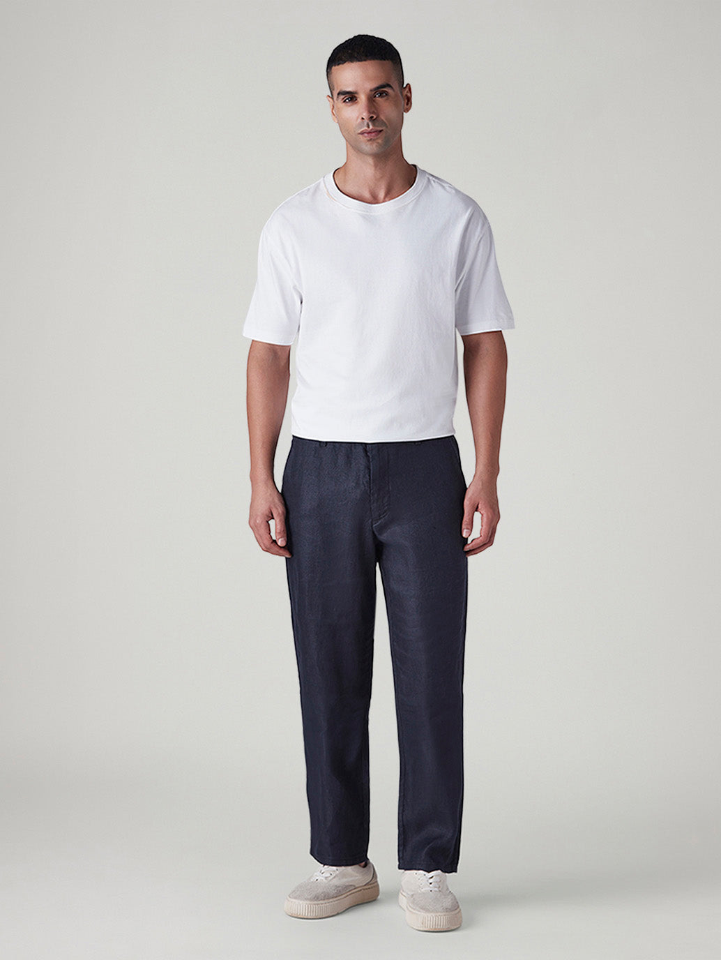 Men's Navy Authentic Relaxed Fit Mid Rise Linen Chinos - Front View