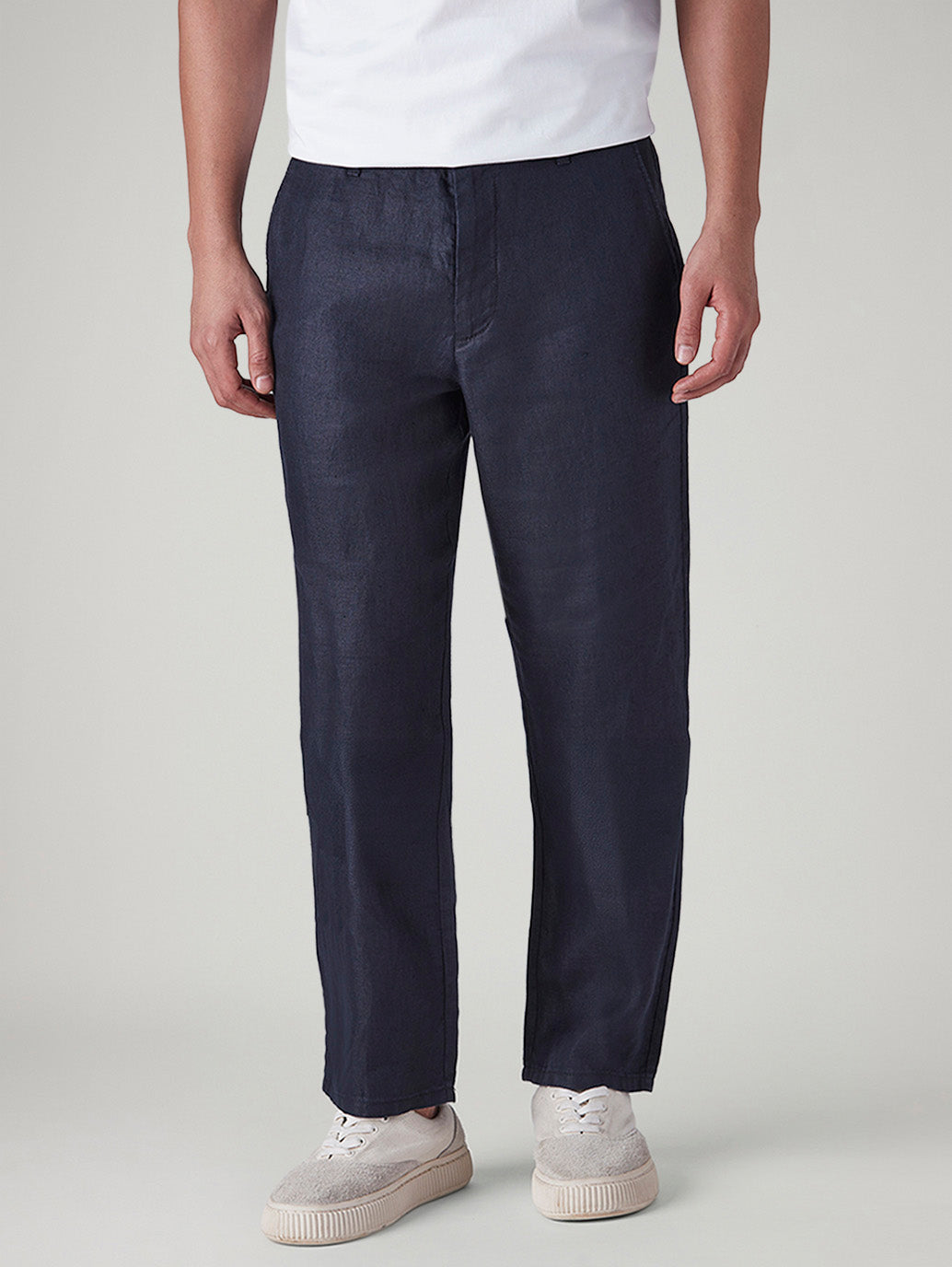Men's Navy Authentic Relaxed Fit Mid Rise Linen Chinos - Front View