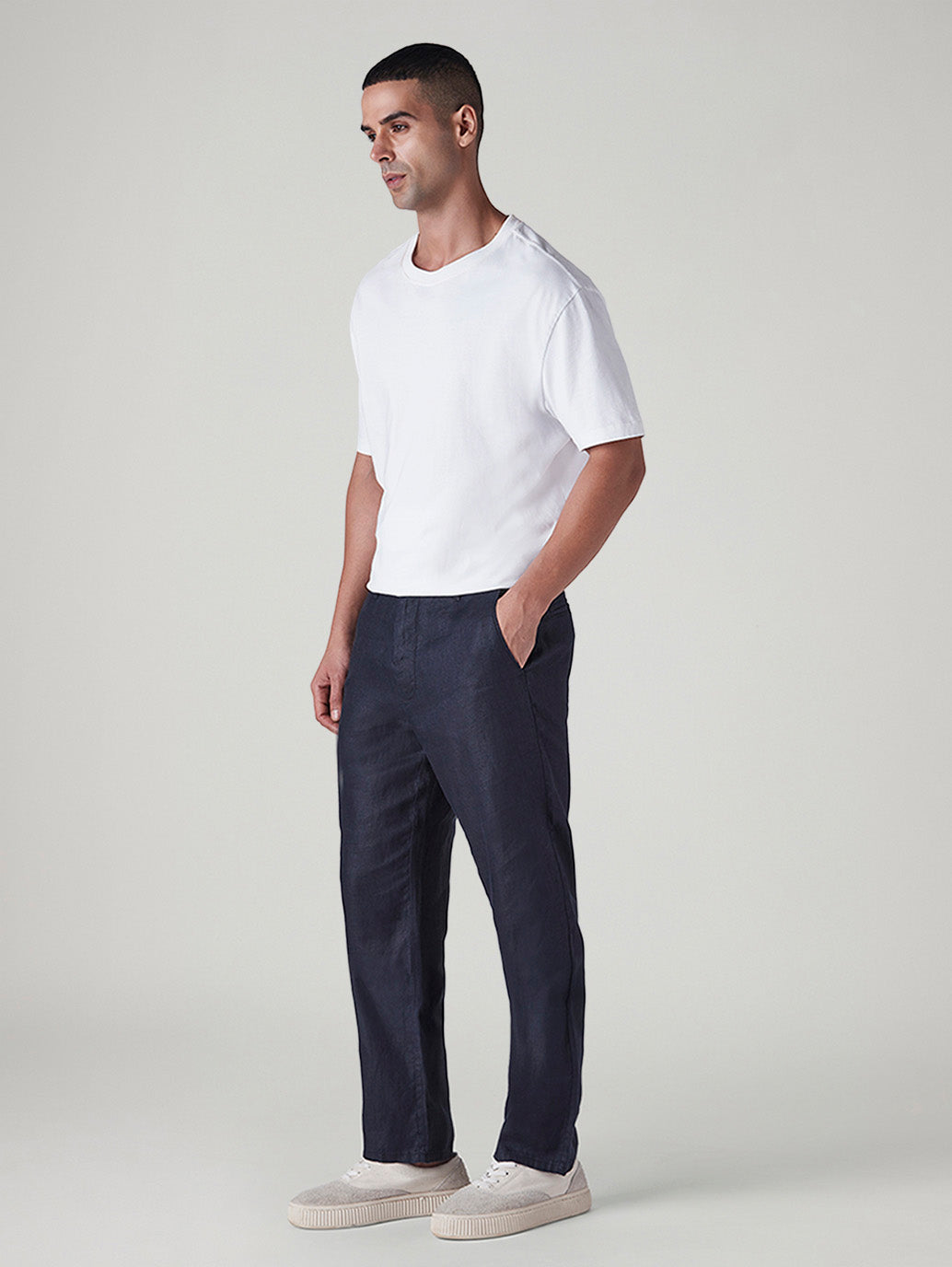 Men's Navy Authentic Relaxed Fit Mid Rise Linen Chinos - Side View