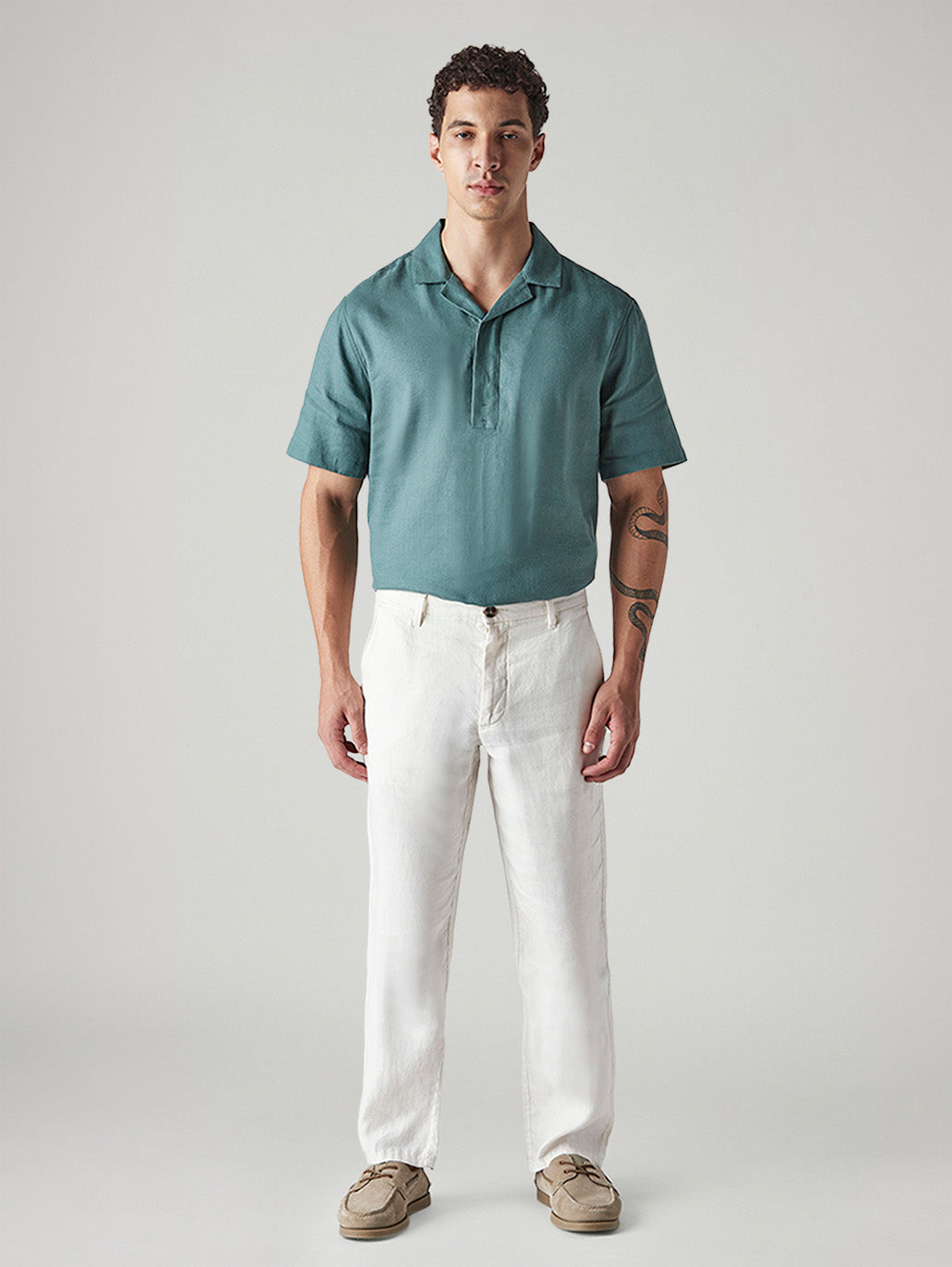 Men's White Authentic Relaxed Fit Mid Rise Linen Chinos - Front View