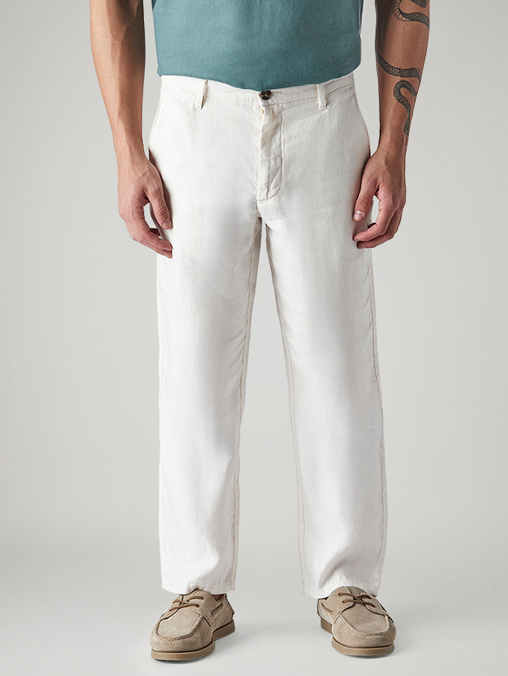 Men's White Authentic Relaxed Fit Mid Rise Linen Chinos - Front View