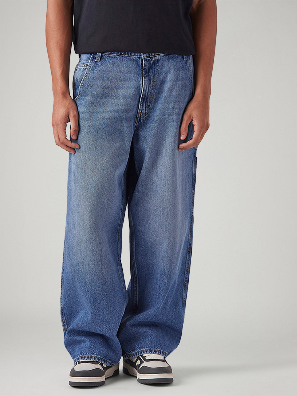 Men's Blue Extra Baggy Loose Fit Mid Rise Jeans - Front View