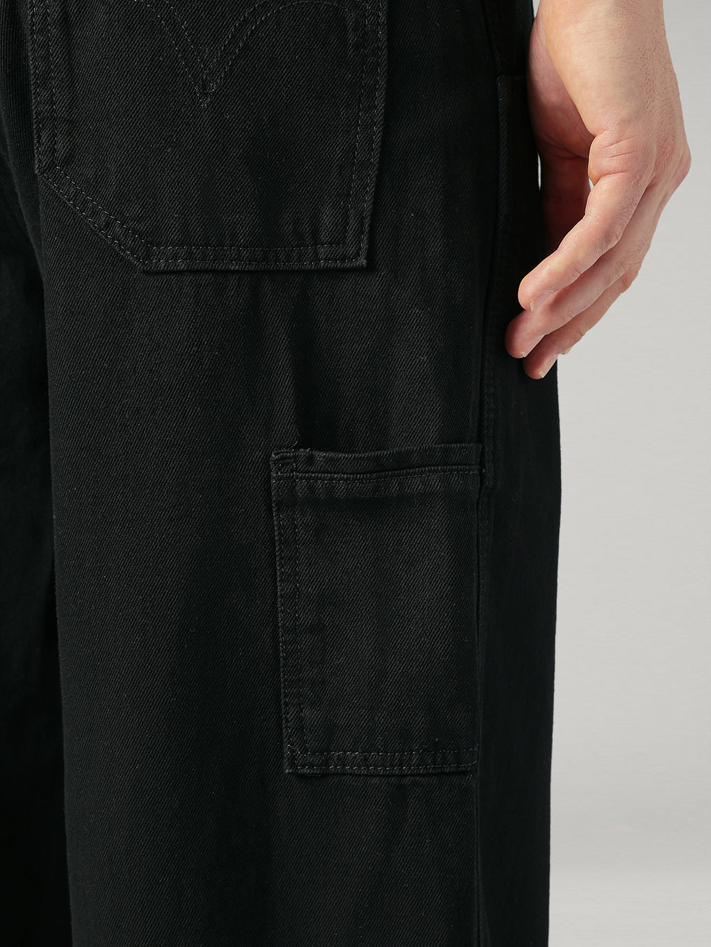 Men's Black Extra Baggy Fit Mid Rise Utility Jeans - Detail View