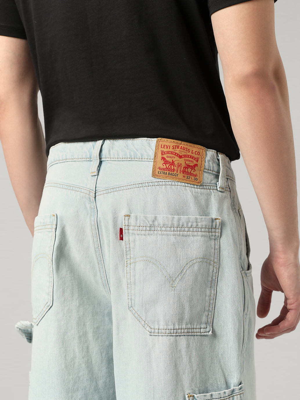 Men's Light Blue Extra Baggy Fit Mid Rise Utility Jeans - Detail View