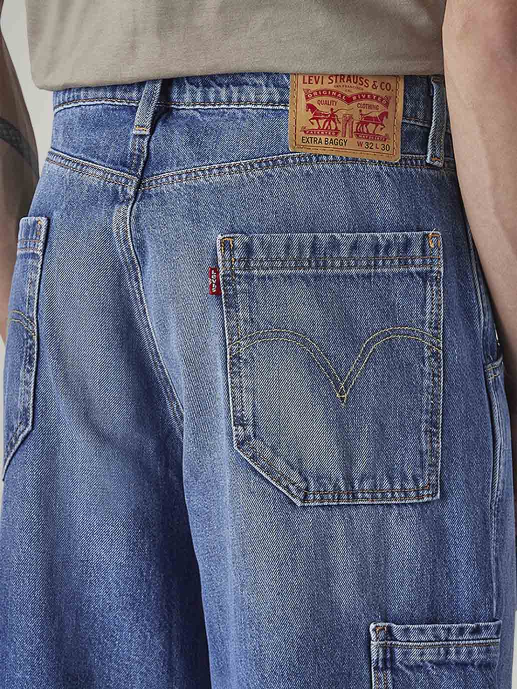 Men's Med Indigo Extra Baggy Fit Mid Rise Utility Jeans - 20 View